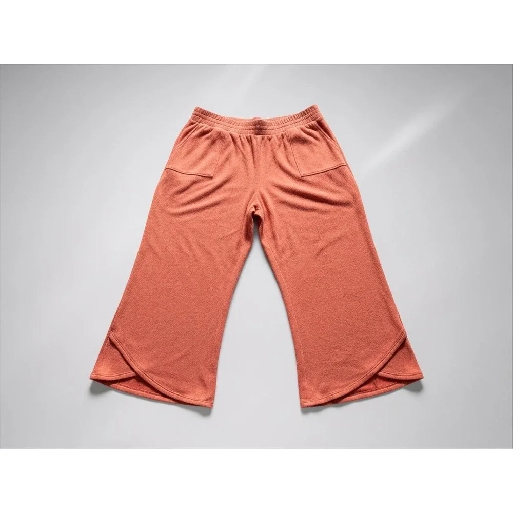 AnyBody Lg Petite Coral Soft Knit Crop Lounge Pants Wide Leg Tulip Hem Pocket